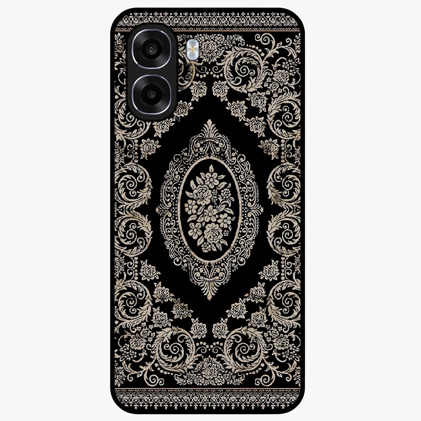 Noir Bloom Elegance Glass Case showing flat back view with elegant dark floral artwork and glossy glass finish.