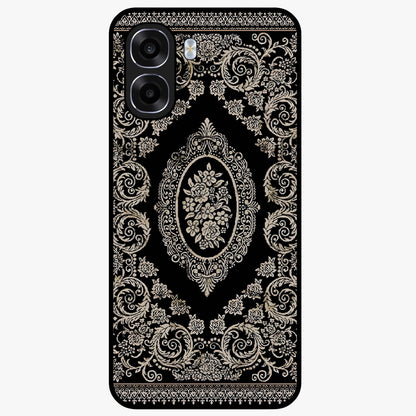 Noir Bloom Elegance Glass Case showing flat back view with elegant dark floral artwork and glossy glass finish.