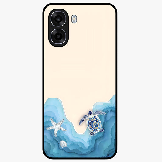 Ocean Drift Turtle Glass Case showing flat back view with sea turtle artwork and glossy glass finish.