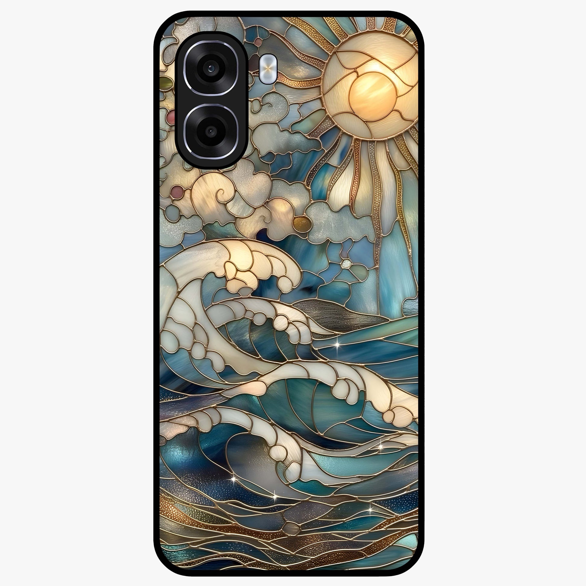 Oceanic Stained Printed Glass Case showing flat back view with ocean inspired stained pattern artwork and glossy glass finish.