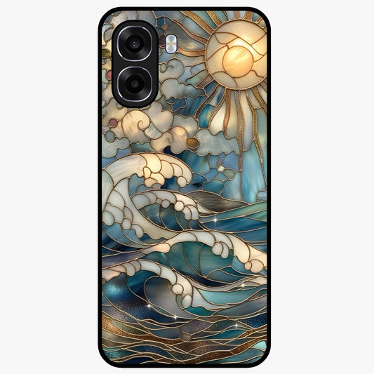 Oceanic Stained Printed Glass Case showing flat back view with ocean inspired stained pattern artwork and glossy glass finish.