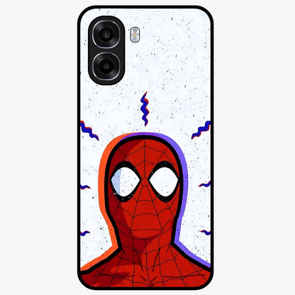 Omg Spiderman Glass Case showing flat back view with bold superhero inspired artwork and glossy glass finish.