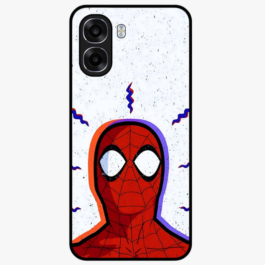 Omg Spiderman Glass Case showing flat back view with bold superhero inspired artwork and glossy glass finish.