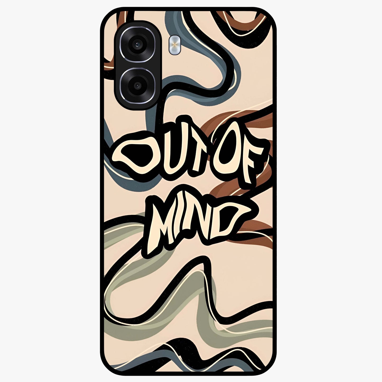 Out Of Mind Glass Case showing flat back view with expressive typography artwork and glossy glass finish.