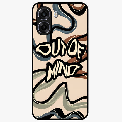 Out Of Mind Glass Case showing flat back view with expressive typography artwork and glossy glass finish.