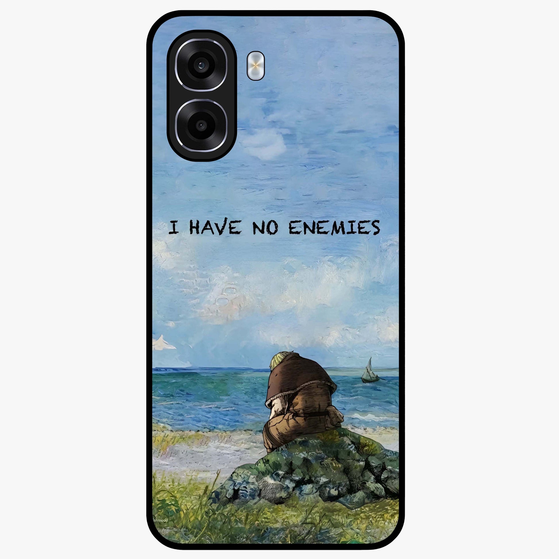 Peace Beyond War Glass Case showing flat back view with symbolic peace themed artwork and glossy glass finish.