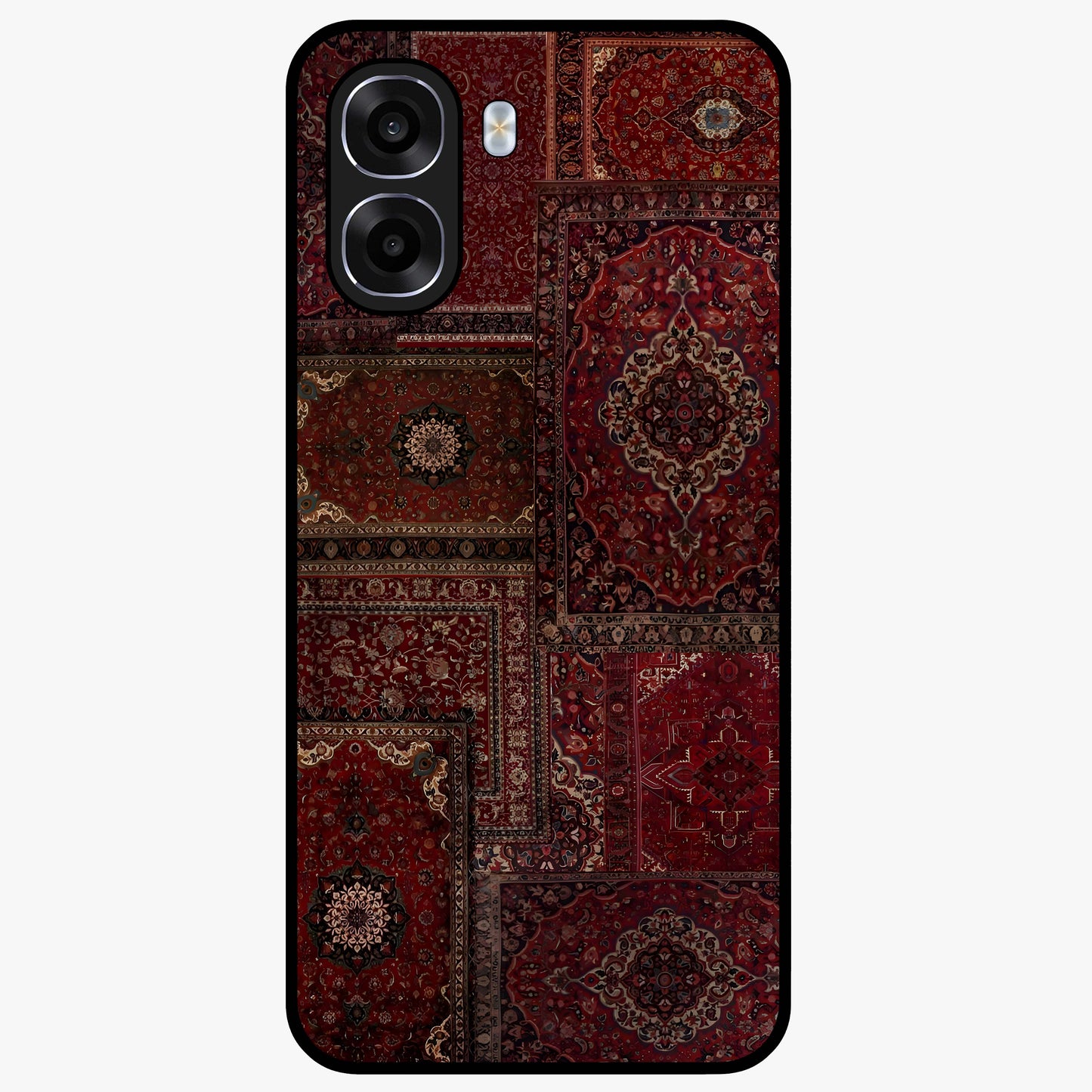 Persian Velvet Tale Glass Case showing flat back view with luxurious Persian velvet pattern artwork and glossy glass finish.