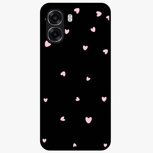 Pink Love Drops Glass Case showing flat back view with playful pink heart drops artwork and glossy glass finish.