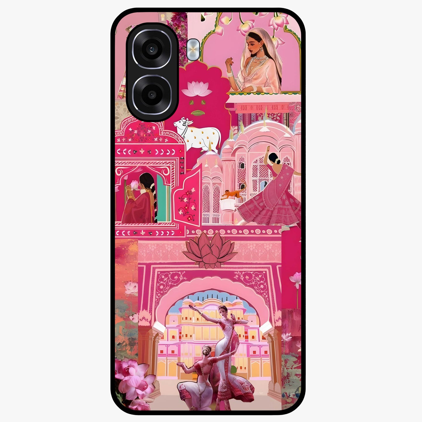 Pink Palace Muse Glass Case showing flat back view with elegant palace inspired artwork and glossy glass finish.