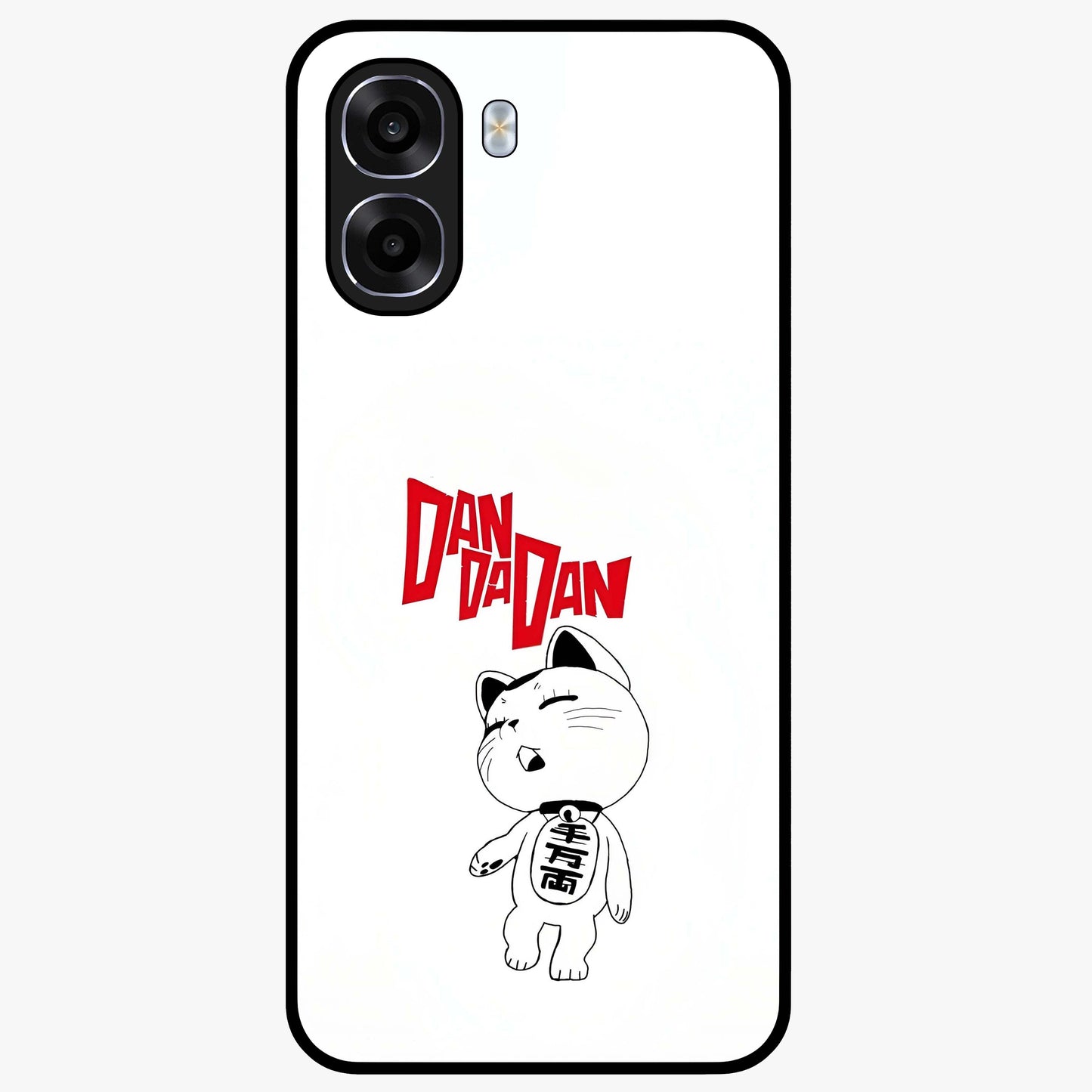 Playful Spirit Charm Glass Case showing flat back view with cheerful charm themed artwork and glossy glass finish.
