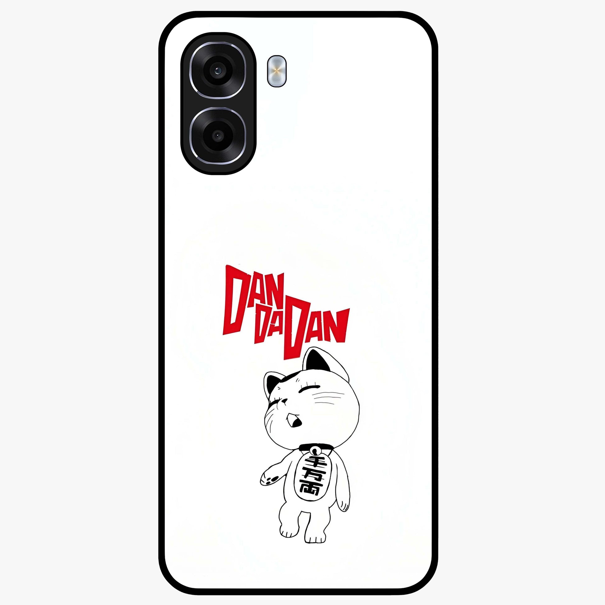 Playful Spirit Charm Glass Case showing flat back view with cheerful charm themed artwork and glossy glass finish.