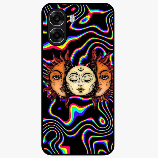 Psychedelic Sun Glass Case showing flat back view with colorful psychedelic sun artwork and glossy glass finish.
