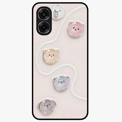 Puffy Face Parade Glass Case showing flat back view with cute puffy character faces artwork and glossy glass finish.