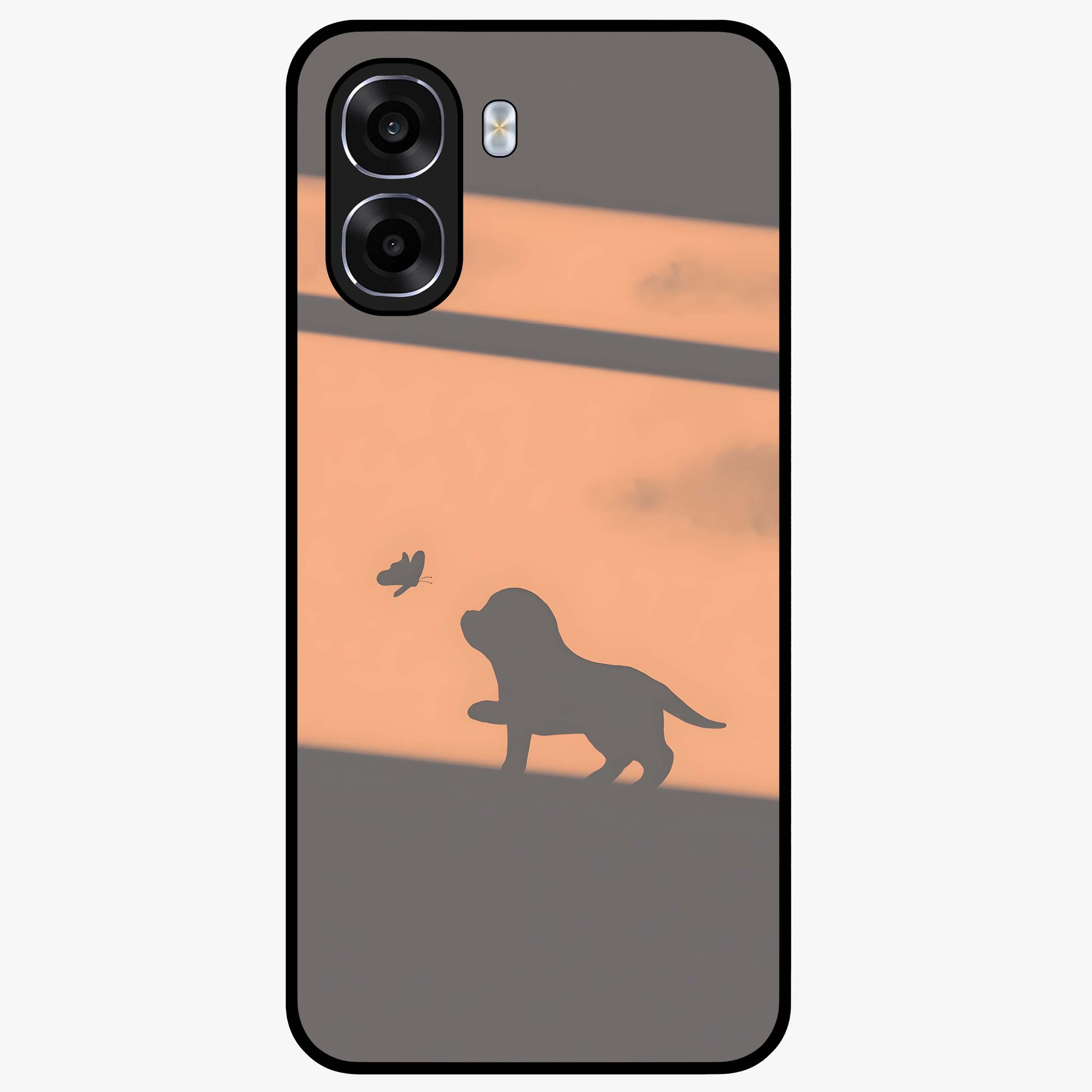 Puppy Shadow Art Glass Case showing flat back view with cute puppy shadow style artwork and glossy glass finish.