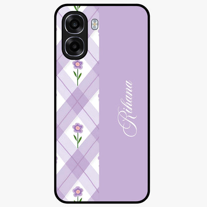 Purple Diamond Floral Glass Case showing flat back view with diamond shaped floral artwork and glossy glass finish.