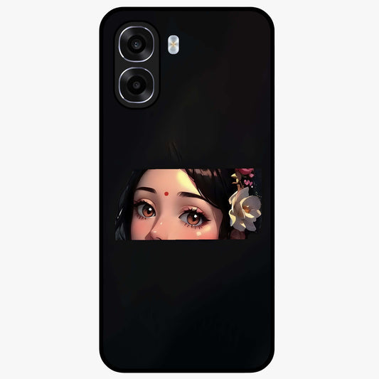Radha Divine Embrace Glass Case showing flat back view with devotional Radha artwork and glossy glass finish.