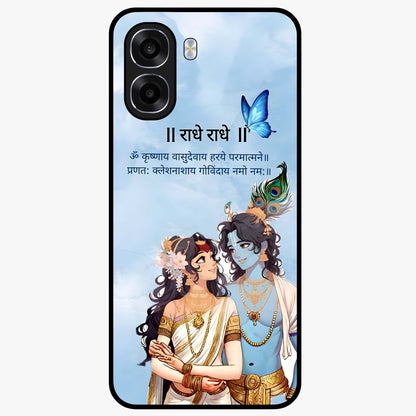 Radha Krishna Eternal Glass Case showing flat back view with Radha Krishna devotional artwork and glossy glass finish.