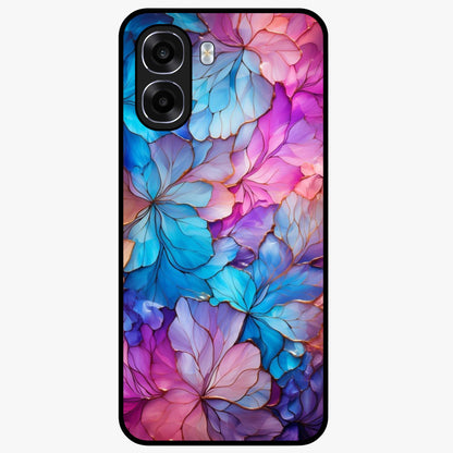 Radiant Floral Whirl Glass Case showing flat back view with swirling floral artwork and glossy glass finish.