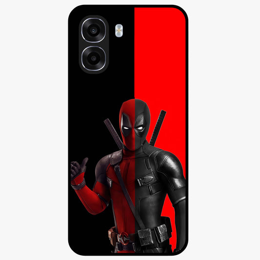 Red & Black Deadpool Theme Glass Case showing flat back view with bold comic inspired artwork and glossy glass finish.