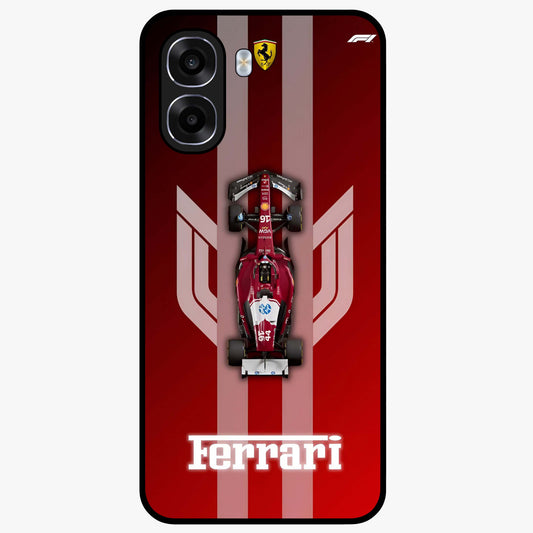 Red Ferrari F1 Vertical Glass Case showing flat back view with sleek Formula racing car artwork and glossy glass finish.
