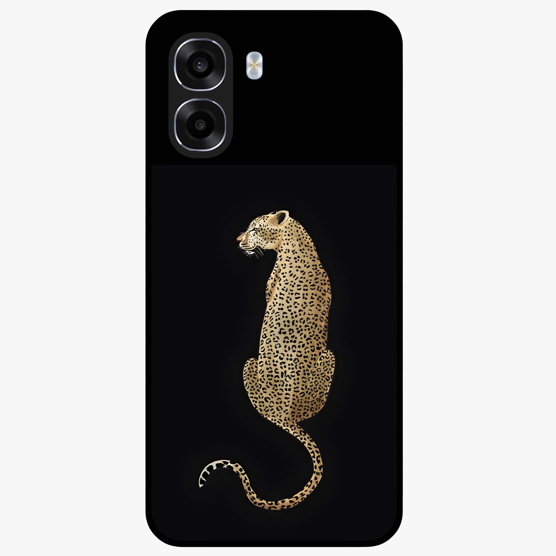 Regal Leopard Glass Case showing flat back view with bold leopard artwork and glossy glass finish.
