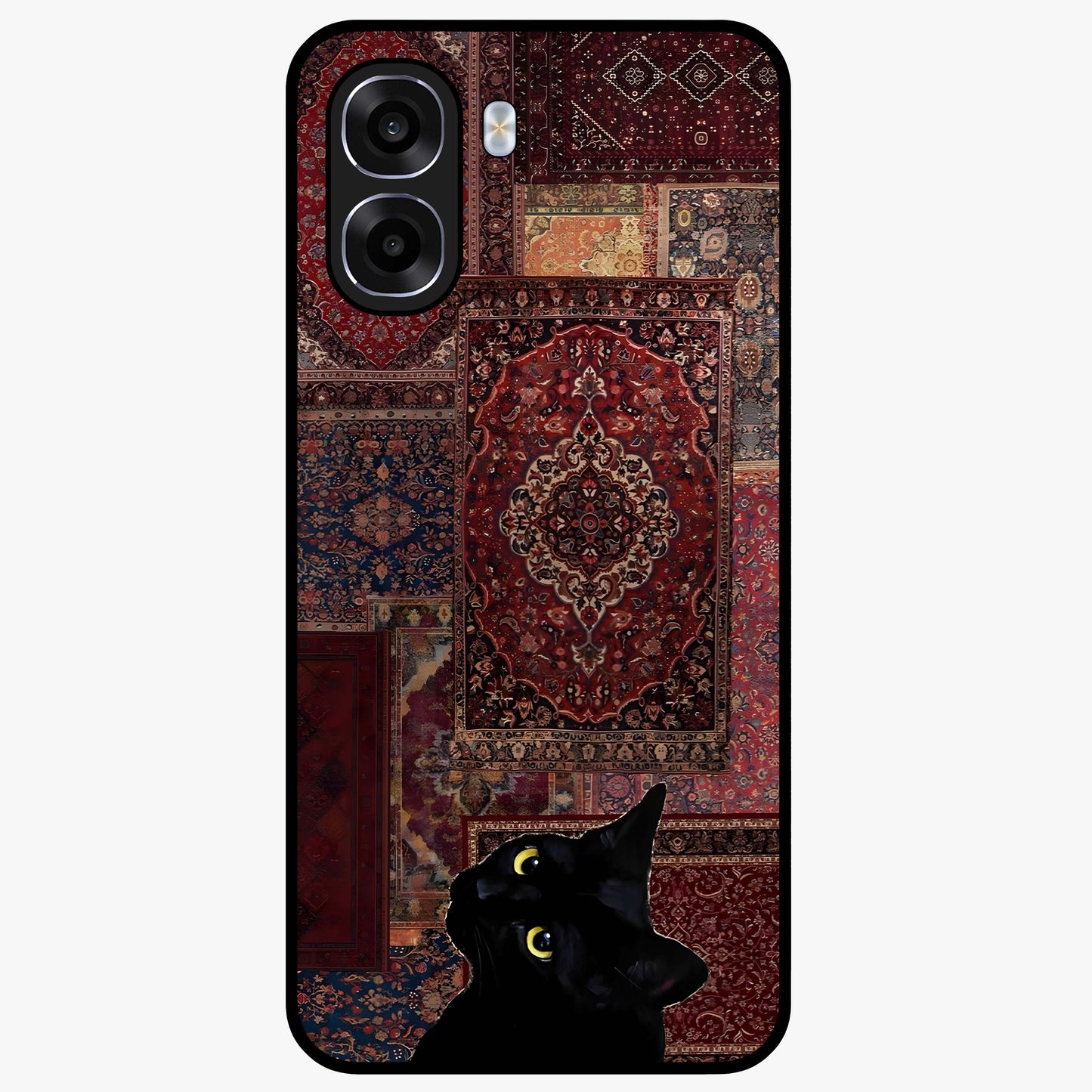 Regal Magic Cat Apple Glass Case showing flat back view with magical cat artwork holding apple and glossy glass finish.