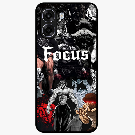 Relentless Power Focus Glass Case showing flat back view with motivational typography artwork and glossy glass finish.