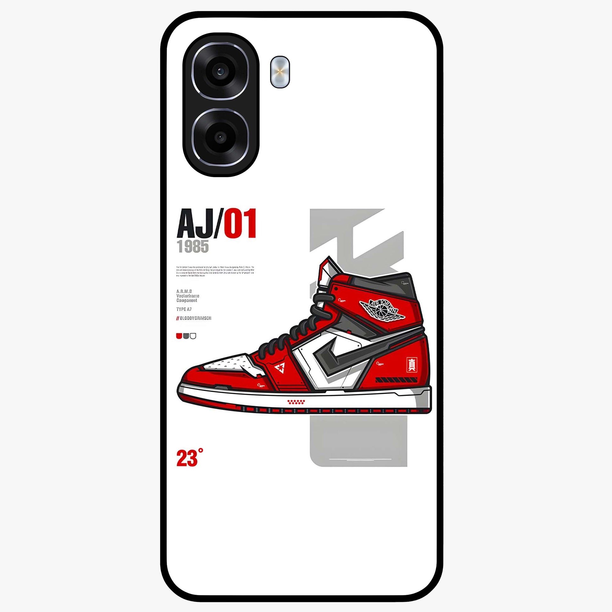 Retro Sneaker Blueprint Glass Case showing flat back view with sneaker blueprint style artwork and glossy glass finish.