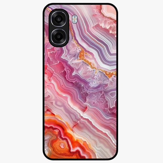 Rose Quartz Marble Glass Case showing flat back view with pink marble quartz texture artwork and glossy glass finish.