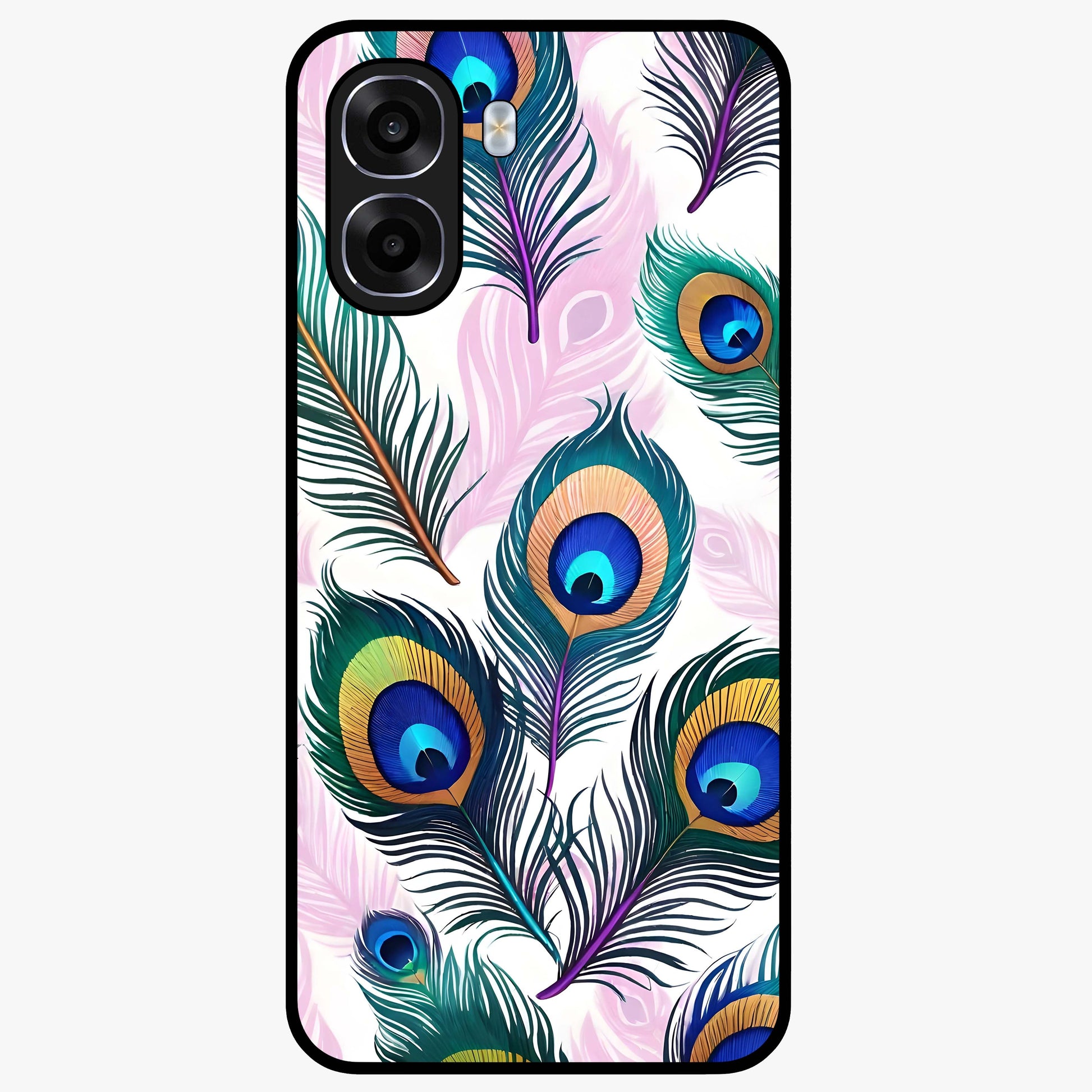 Royal Peacock Feathers Glass Case showing flat back view with colorful peacock feather artwork and glossy glass finish.