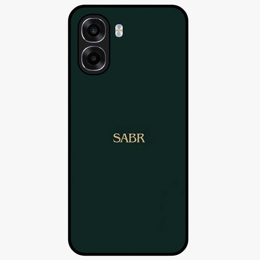 Sabr Minimal Patience Glass Case showing flat back view with minimalist typography artwork and glossy glass finish.