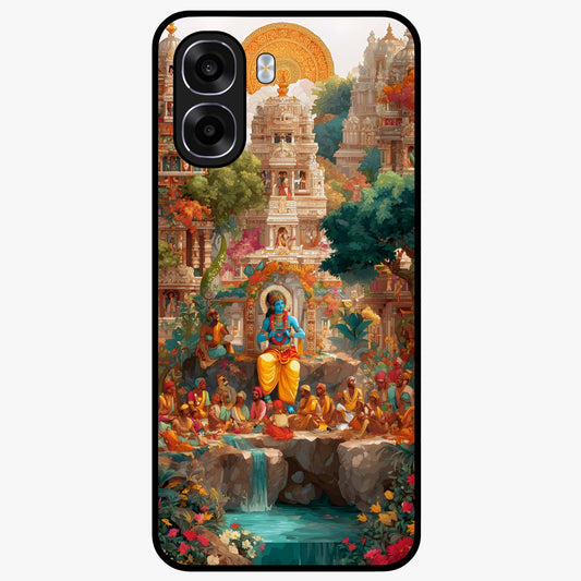 Sacred Sunlight Gods Glass Case showing flat back view with divine sunlight themed artwork and glossy glass finish.