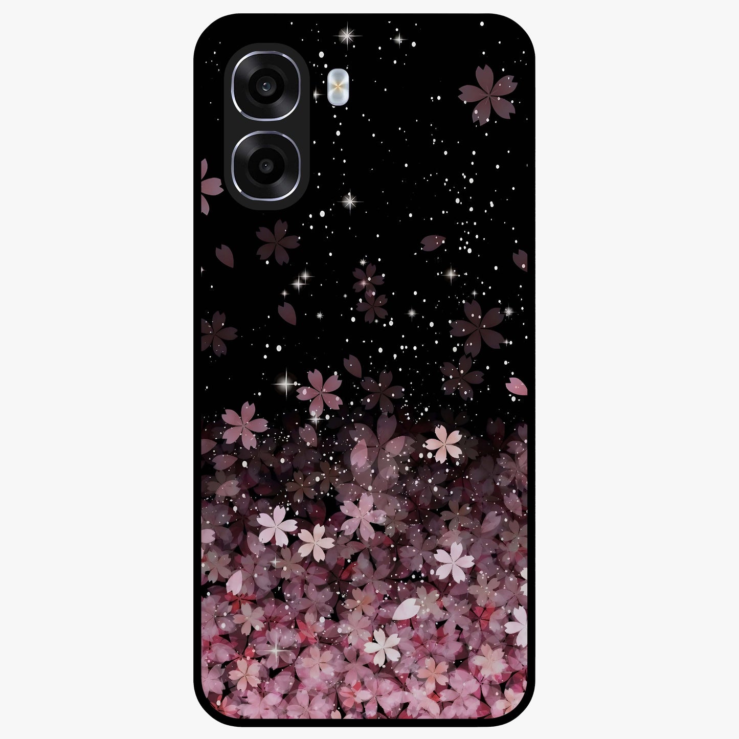 Small Starry Flowers Glass Case showing flat back view with delicate starry floral artwork and glossy glass finish.