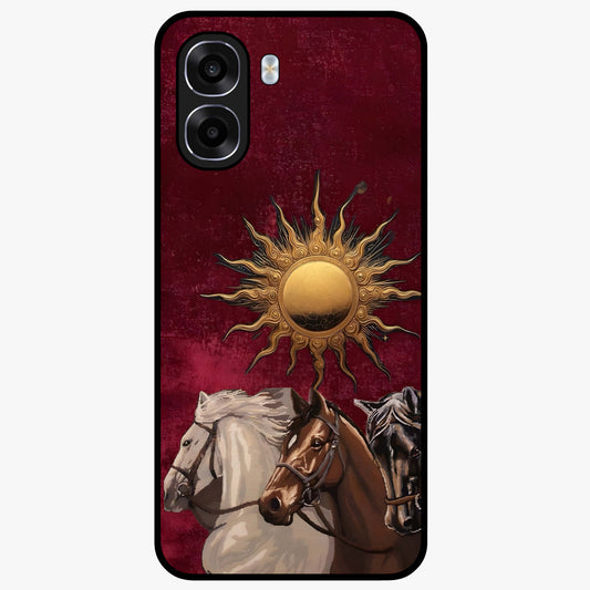 Solar Riders Glass Case showing flat back view with dynamic rider themed artwork and glossy glass finish.