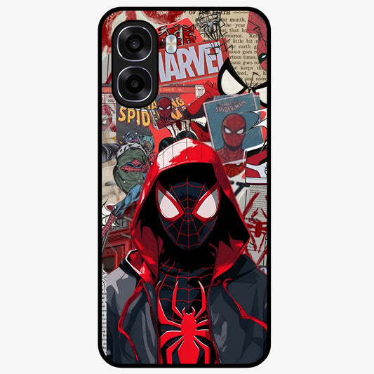 Spider Collage Street Glass Case showing flat back view with vibrant superhero collage artwork and glossy glass finish.