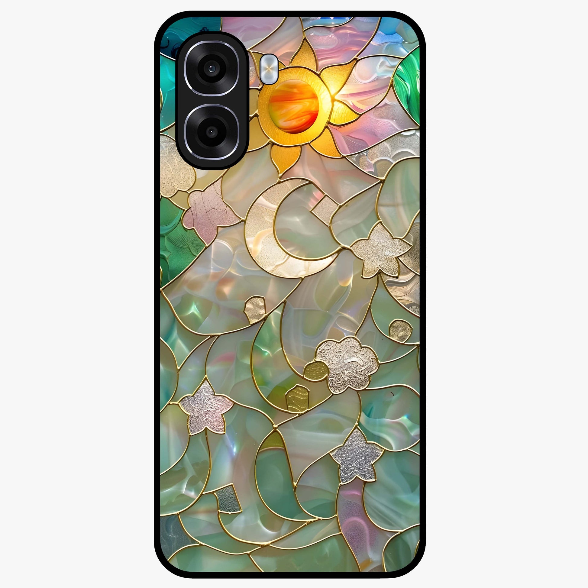 Stained Sunrise Glow Glass Case showing flat back view with glowing sunrise stained pattern artwork and glossy glass finish.
