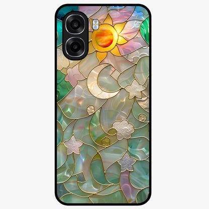 Stained Sunrise Glow Glass Case showing flat back view with glowing sunrise stained pattern artwork and glossy glass finish.