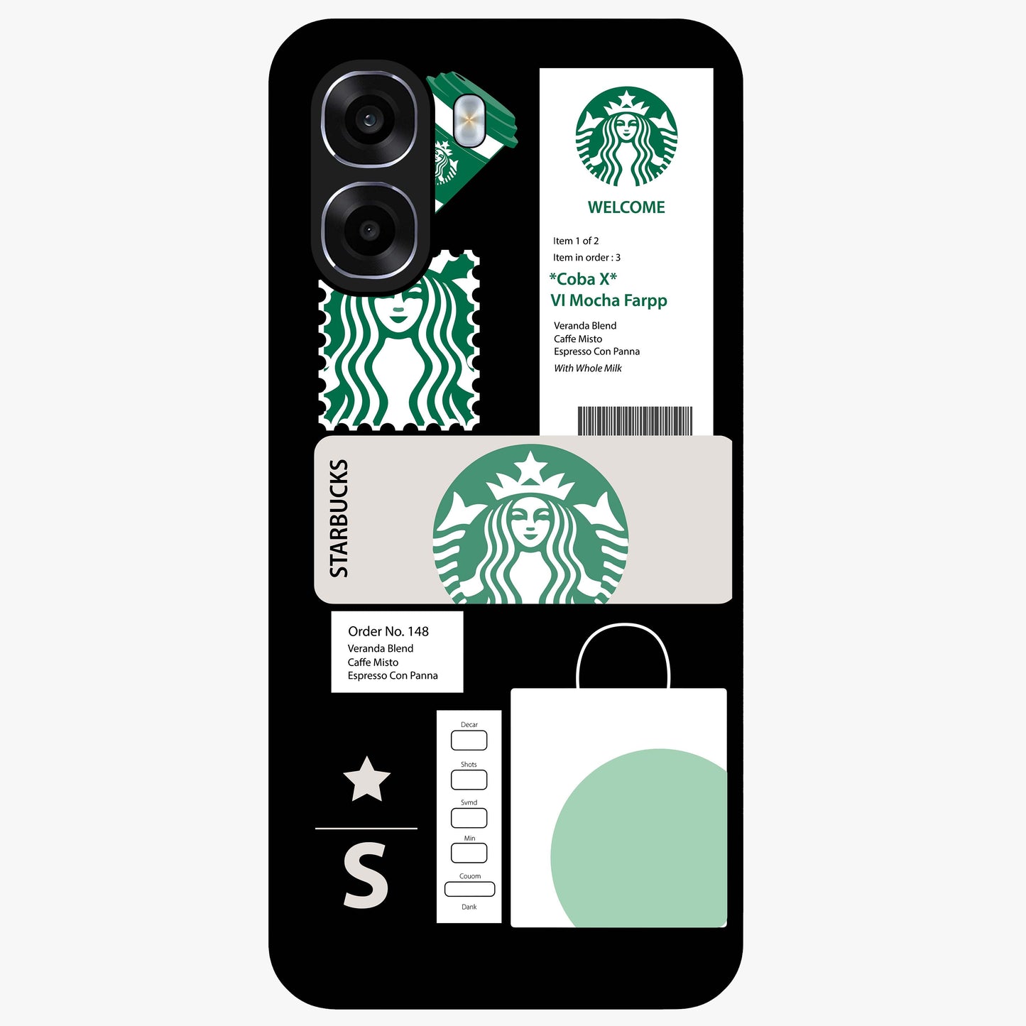 Starbucks Mocha Glass Case showing flat back view with coffee inspired artwork and glossy glass finish.
