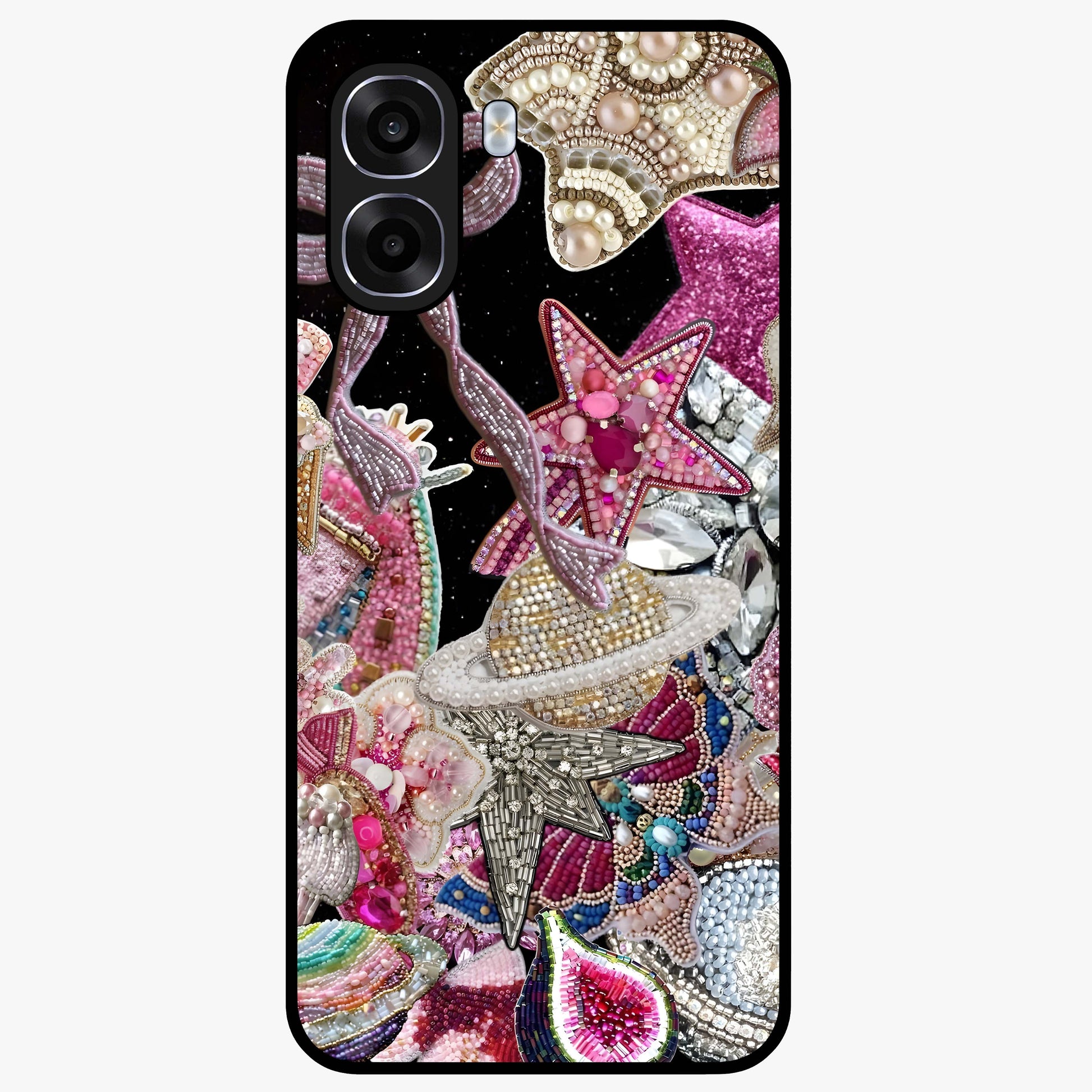 Starlit Jewel Dream Glass Case showing flat back view with sparkling jewel and star themed artwork and glossy glass finish.