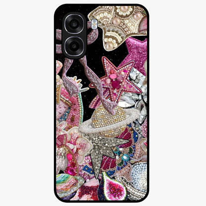 Starlit Jewel Dream Glass Case showing flat back view with sparkling jewel and star themed artwork and glossy glass finish.