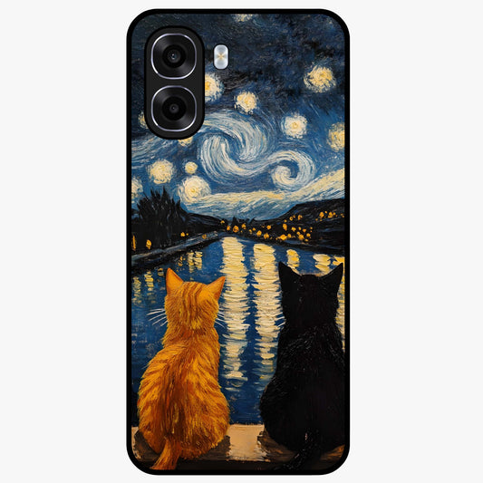 Starry River Cats Glass Case showing flat back view with cats by a starry river artwork and glossy glass finish.