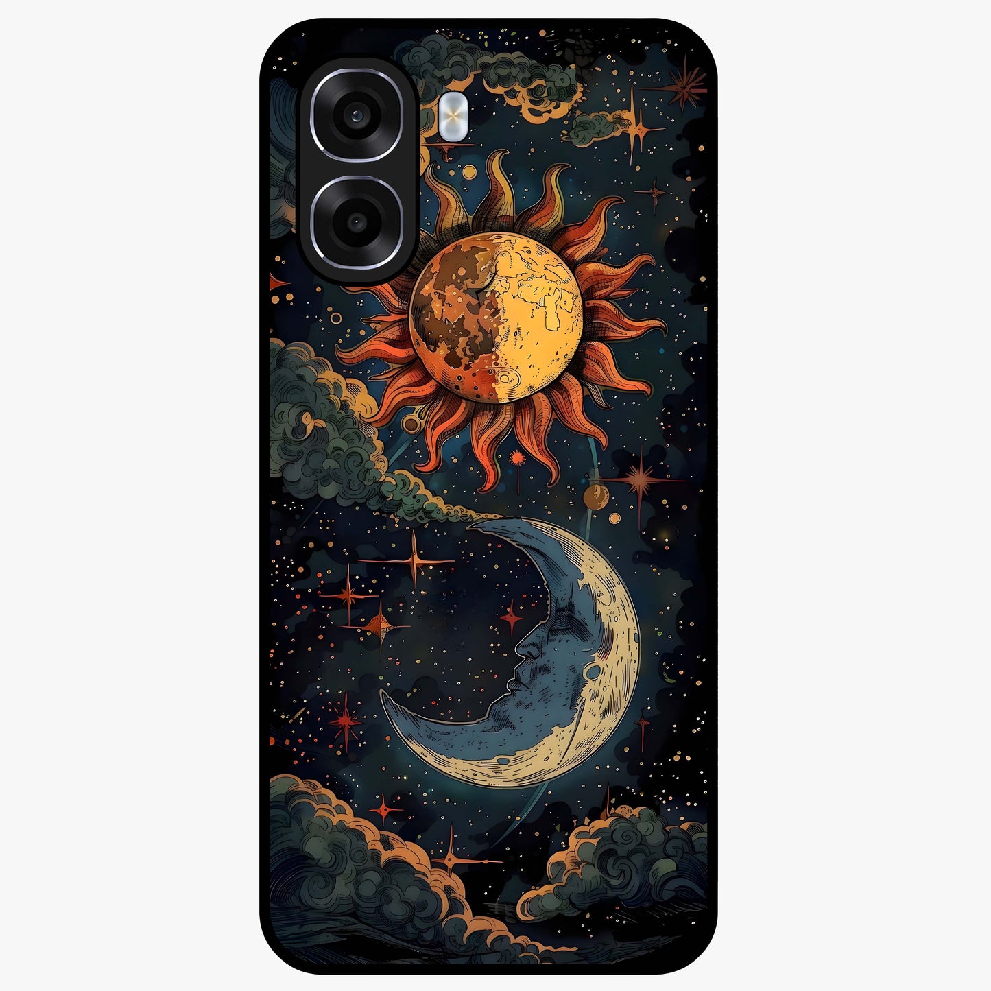 Sun And Moon Magic Design Glass Case showing flat back view with mystical sun and moon artwork and glossy glass finish.