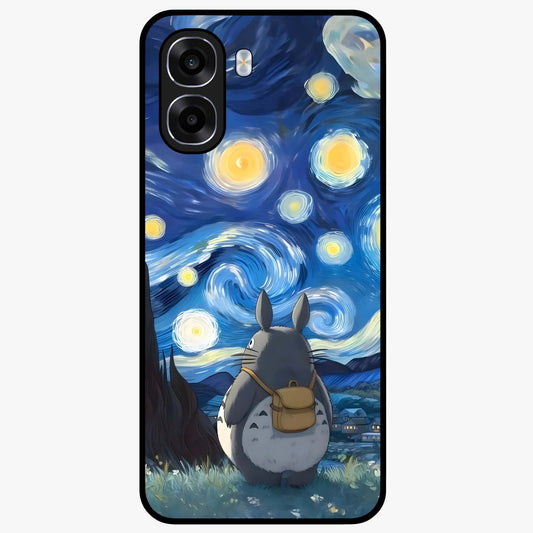 Totoro In Van Gogh Art Glass Case showing flat back view with whimsical character artwork inspired by Van Gogh style and glossy glass finish.