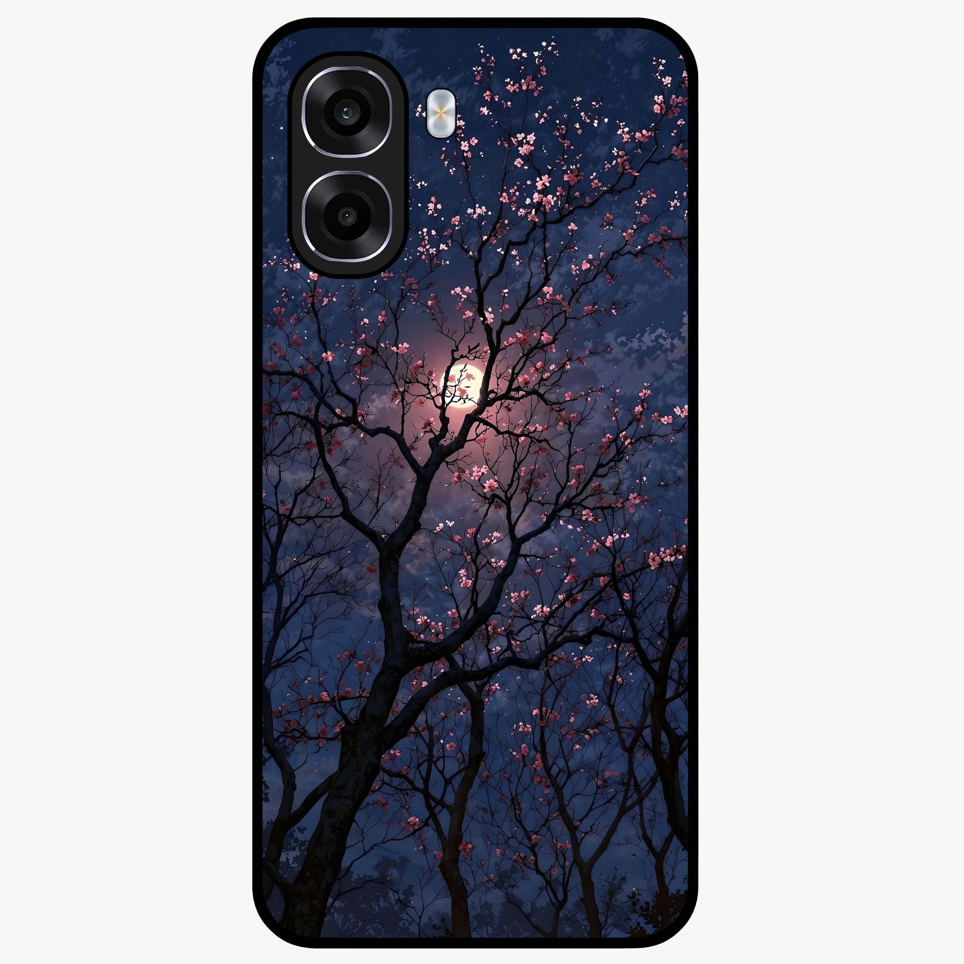 Twilight Sakura Serenade Glass Case showing flat back view with cherry blossom artwork at twilight and glossy glass finish.