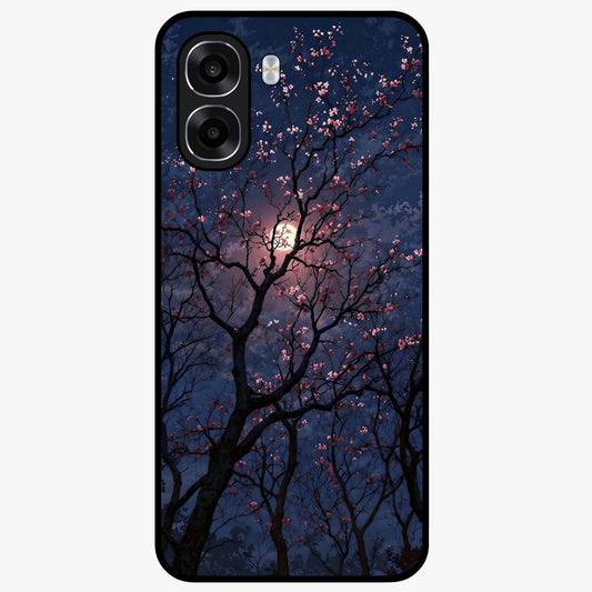 Twilight Sakura Serenade Glass Case showing flat back view with cherry blossom artwork at twilight and glossy glass finish.