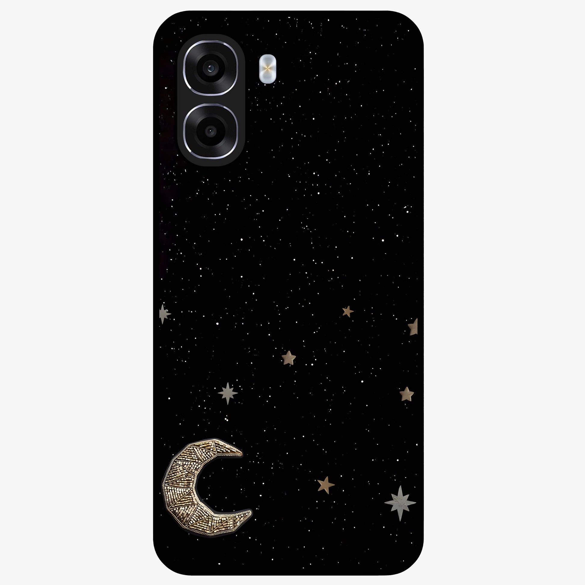 Twinkle Star With Half Moon Glass Case showing flat back view with star and half moon artwork and glossy glass finish.