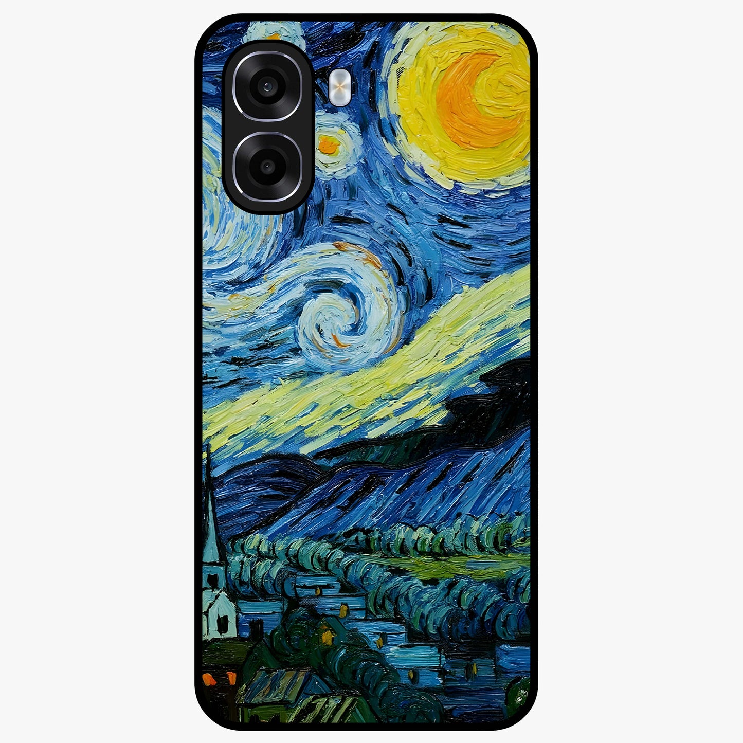 Van Gogh Art Glass Case showing flat back view with classic painterly artwork inspired by Van Gogh style and glossy glass finish.