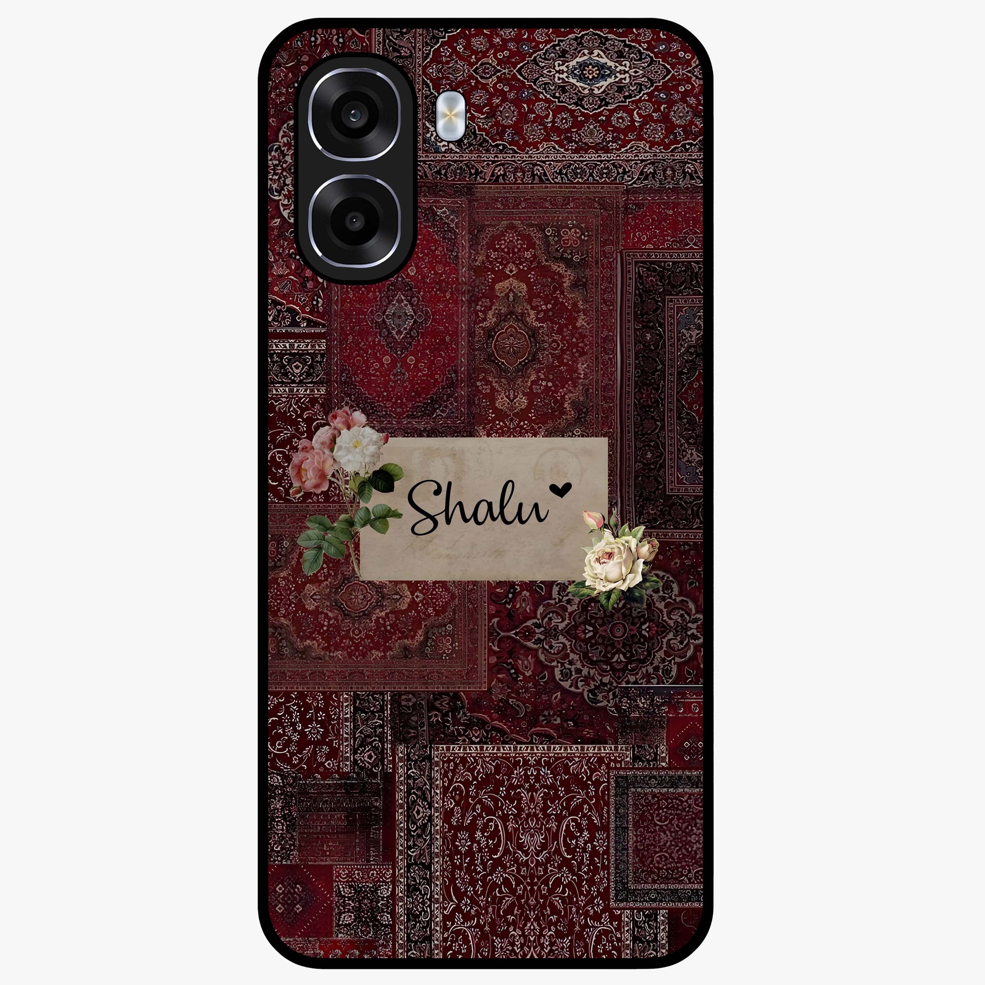 Velvet Wine Pattern Custom Name Glass Case showing flat back view with elegant wine colored pattern artwork and personalized name design.