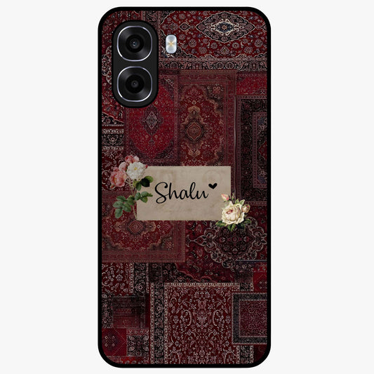 Velvet Wine Pattern Custom Name Glass Case showing flat back view with elegant wine colored pattern artwork and personalized name design.