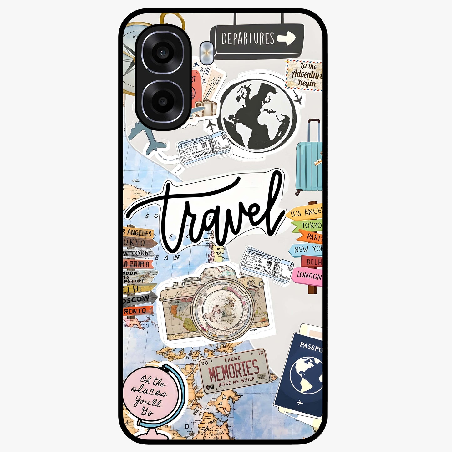 Wanderlust Journal Glass Case showing flat back view with travel inspired artwork and glossy glass finish.
